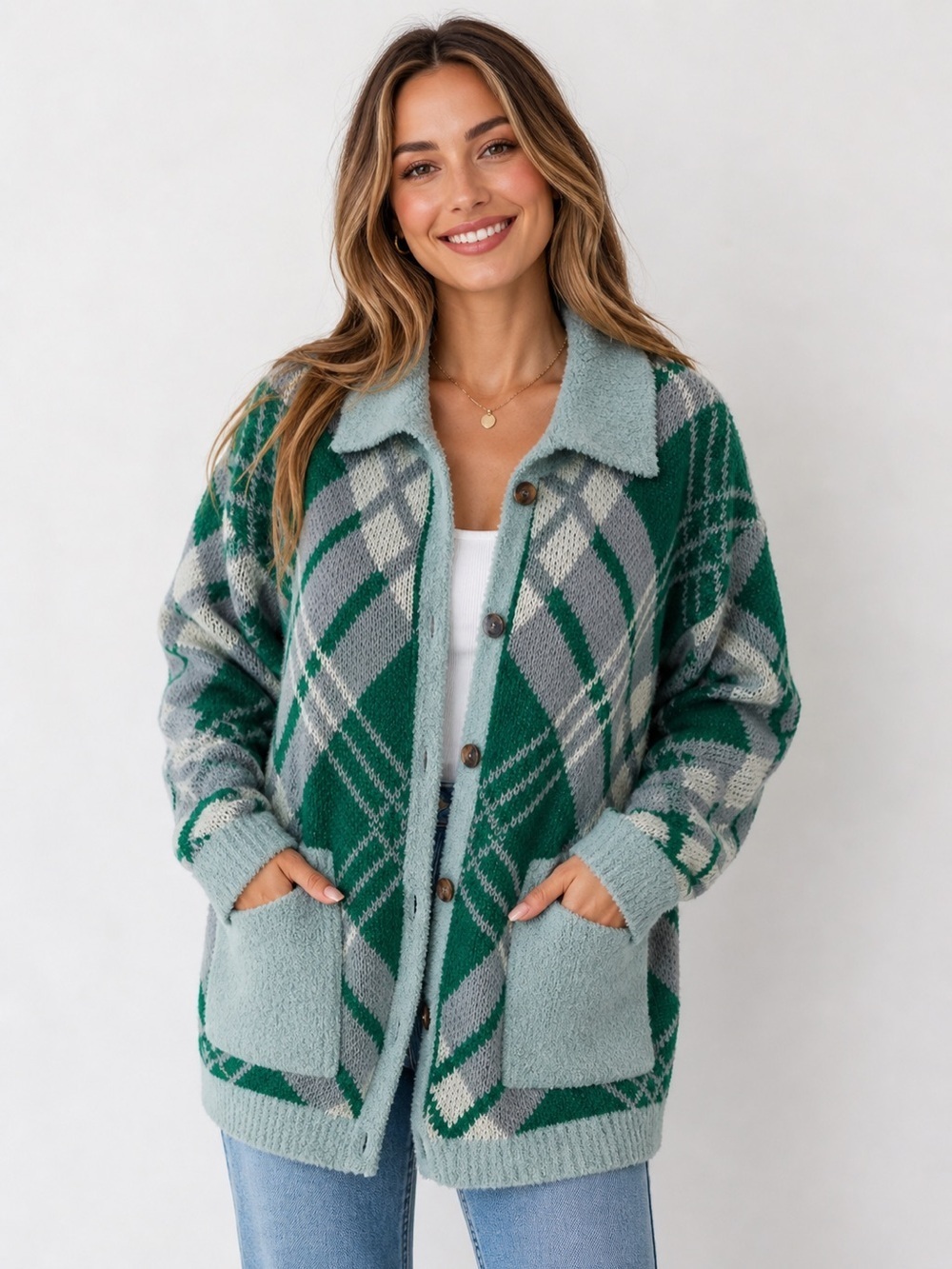 Umgee Green and Gray Plaid Button-Up Cardigan Sweater